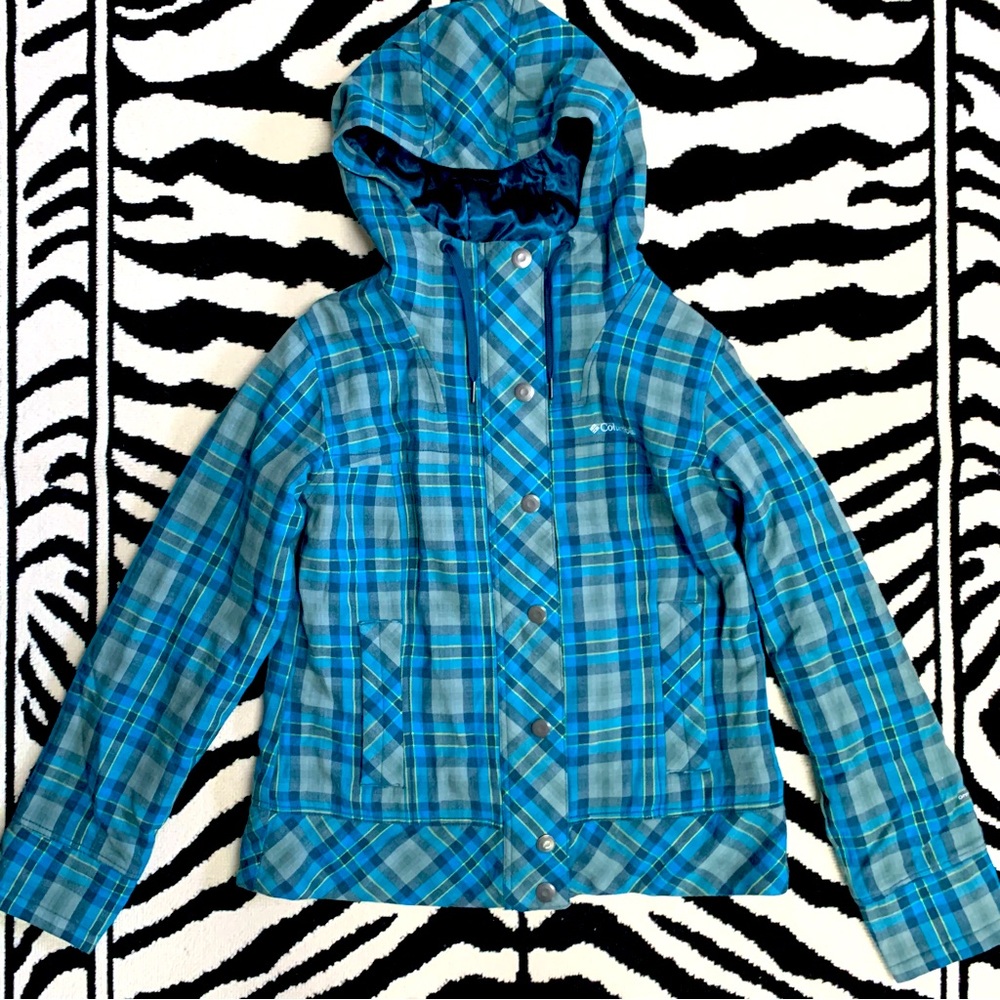 Columbia Omni-Shield Blue Plaid Wool Blend Hooded Coat Size XL